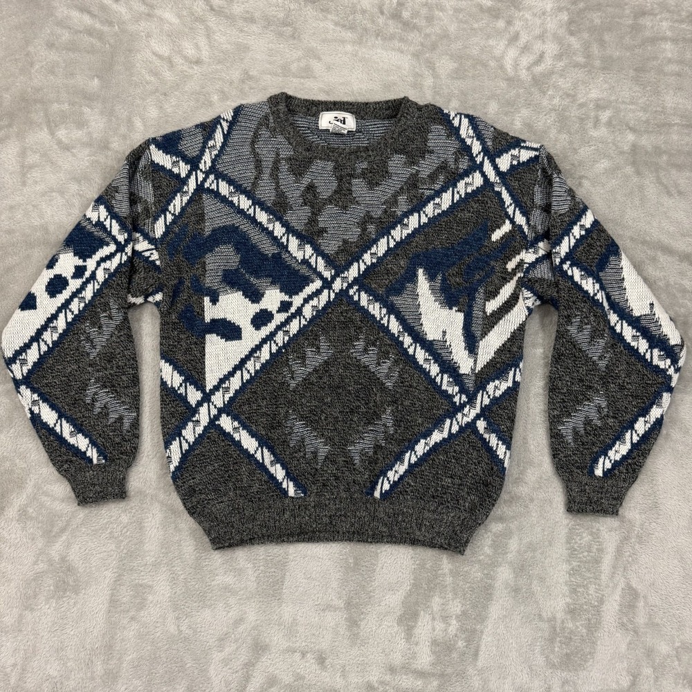 Vintage Jed Sweater Mens Large Gray White Blue Cosby‎ Style Wool Blend 80s 90s